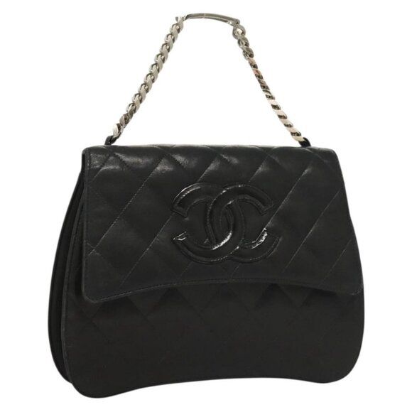 CHANEL Matelasse Chain Hand Bag Lamb Skin Black Silver CC Auth 133037 - Picture 1 of 16